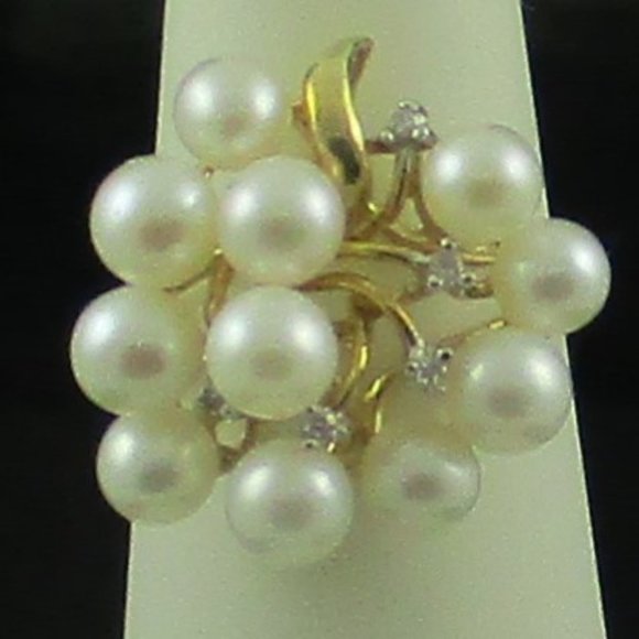 14K Gold Cultured Freshwater Pearl & Diamond Spray Ring - Size 5 - Picture 2 of 7